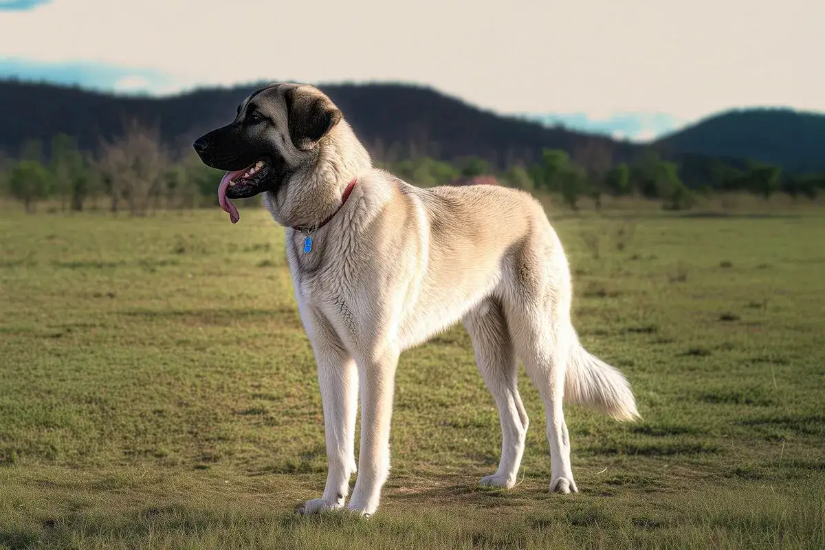 Ein majest&auml;tischer Anatolischer Hirtenhund steht auf einer gr&uuml;nen Wiese. Sein Fell ist hellbeige, mit dunklerer Maske im Gesicht. Er tr&auml;gt ein rotes Halsband.