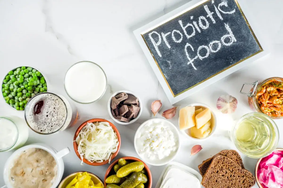 Variet&agrave; di cibi fermentati e latticini, tra cui crauti, kimchi e yogurt, che mostrano a cosa servono i probiotici per la salute intestinale.