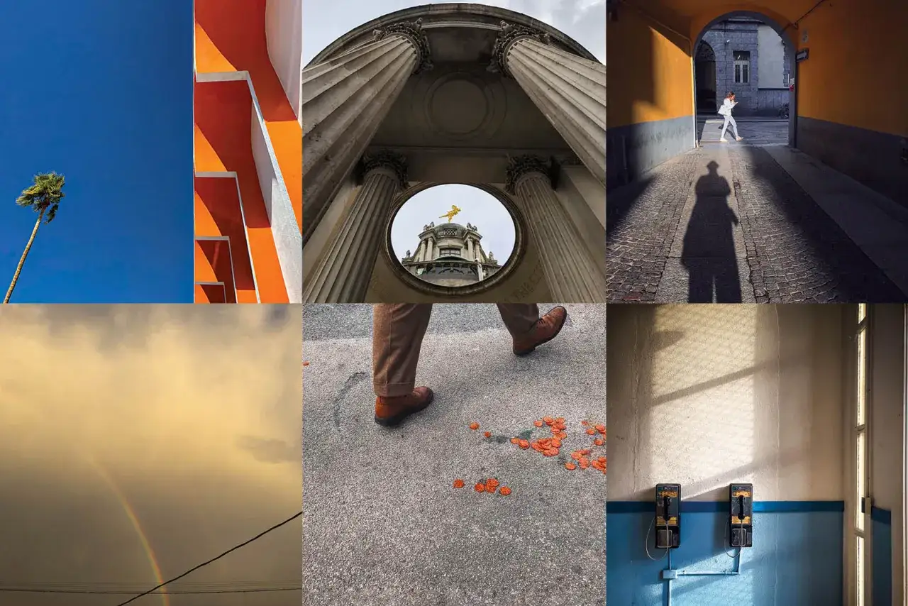 Collage de fotografía con móvil: palmera, arquitectura naranja, columnas, calle con sombra, arcoíris, piernas caminando y teléfonos antiguos.