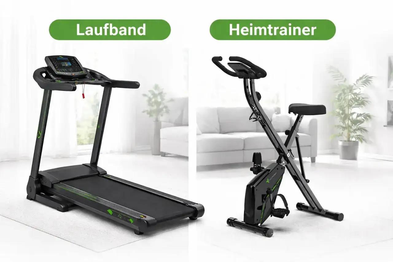 Laufband vs. Heimtrainer: Was ist besser? Ein Laufband und ein faltbares Fahrrad stehen nebeneinander.