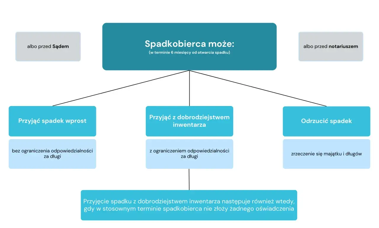 Schemat przedstawia opcje spadkobiercy: przyjąć spadek wprost, przyjąć z dobrodziejstwem inwentarza (ograniczenie odpowiedzialności za długi) lub odrzucić spadek.