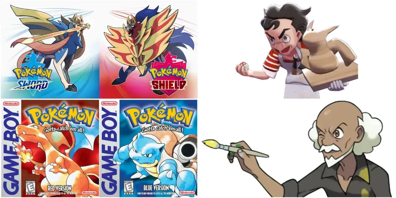 Okładki gier Pokémon: Sword, Shield, Red i Blue. Obok postacie z gry, jedna trzyma Pokeballa, druga pędzel.