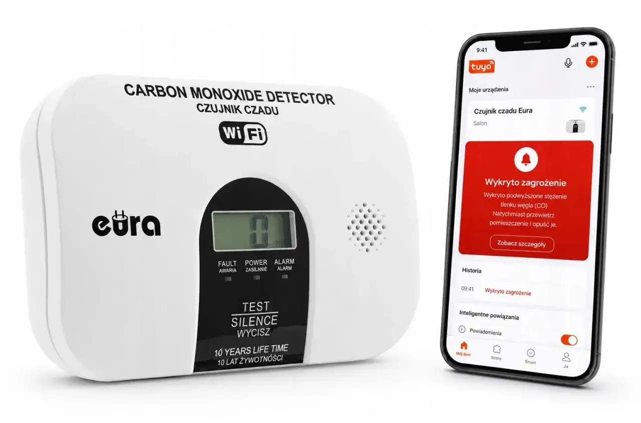 Czujnik czadu Eura z Wi-Fi i aplikacją **hik connect** pokazuje alarm na telefonie.