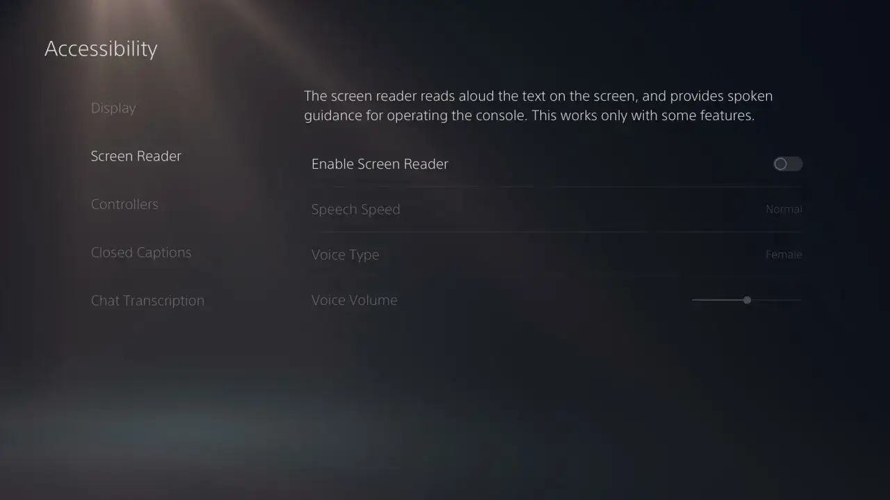 PS5 menu ułatwienia dostępu