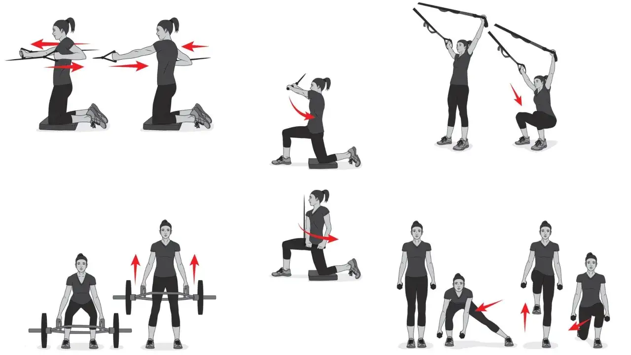 Krafttraining für Triathleten: Übungen mit Band, TRX, Langhantel und Kurzhanteln zur Stärkung der Muskulatur.