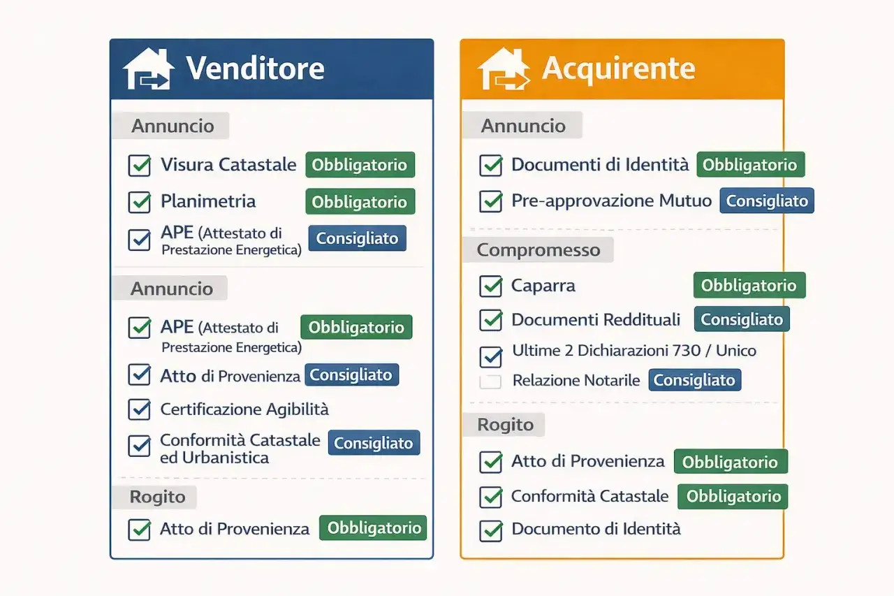 Checklist per venditore e acquirente: 10 cose da sapere prima di comprare casa, tra documenti obbligatori e consigliati.
