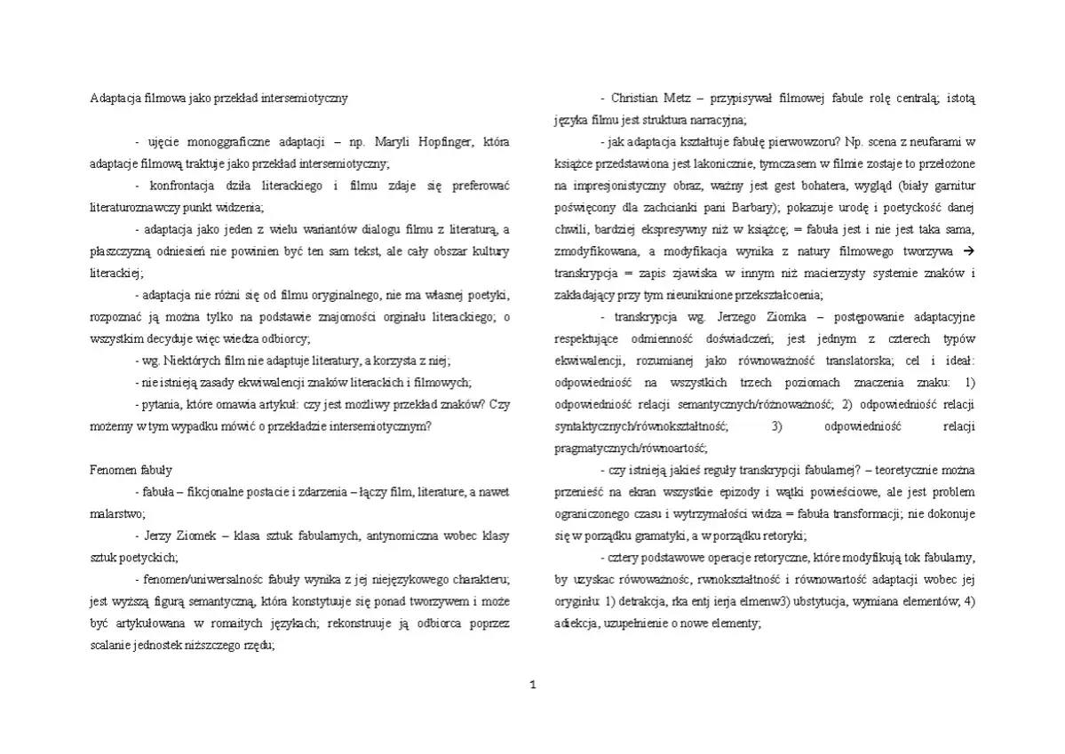 Tekst omawia adaptację filmową jako przekład intersemiotyczny, analizując zjawisko mimetyzmu w literaturze i jego filmowe odbicie.