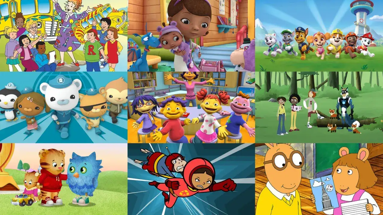 Kolaż z postaciami z popularnych **Warner Bros bajki**: Ms. Frizzle, Psi Patrol, Doktor McStuffins, Octonauts, Sid the Science Kid, Daniel Tiger, Arthur i inni.