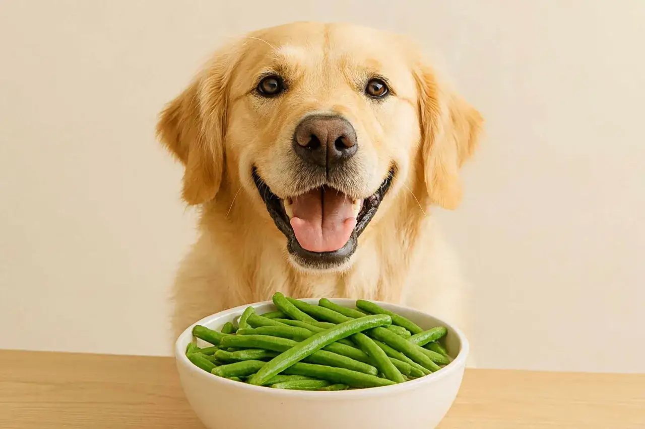 Golden retriever feliz con un taz&oacute;n de jud&iacute;as verdes. &iexcl;Un perro que ama las verduras!