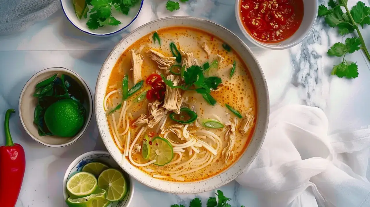 Aromatyczna zupa tom yum z kurczakiem, podana z limonką, chili i kolendrą. Idealna na rozgrzewający posiłek.