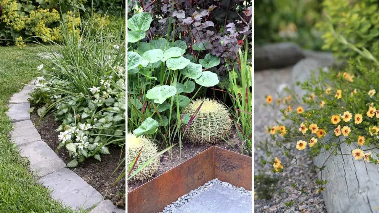 En stenlagd g&aring;ng kantas av gr&ouml;nska och vita blommor. En annan del visar kaktusar med en rostig marksten rabattkant. L&auml;ngst till h&ouml;ger blommar gula sm&aring;blommor vid en tr&auml;dstam.