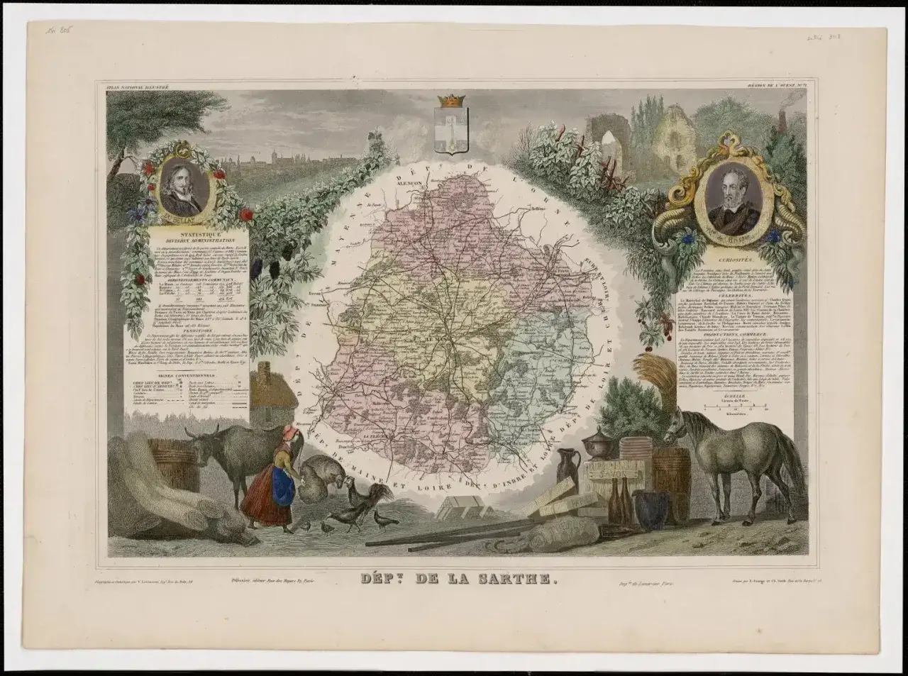 Carte ancienne du d&eacute;partement de la Sarthe, issue des archives, avec statistiques, portraits et sc&egrave;nes de la vie rurale.