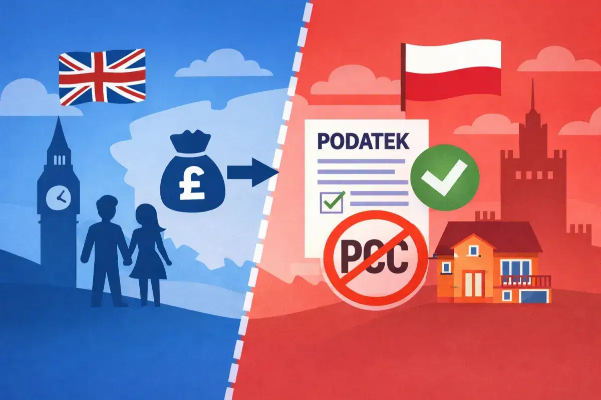 Para kupuje dom w Polsce, przenosząc funty z Wielkiej Brytanii. Podatek PCC nie obowiązuje.