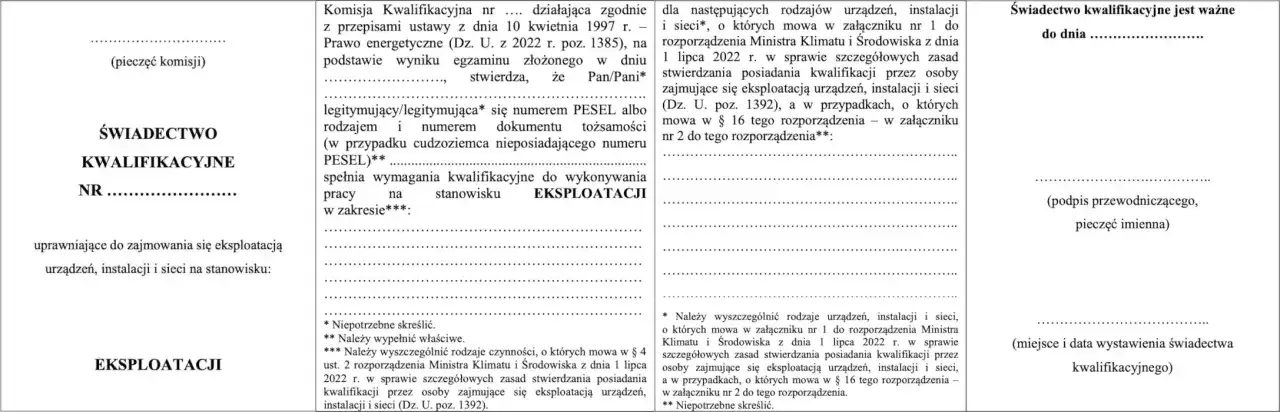 Uprawnienia SEP G1 wzór certyfikatu