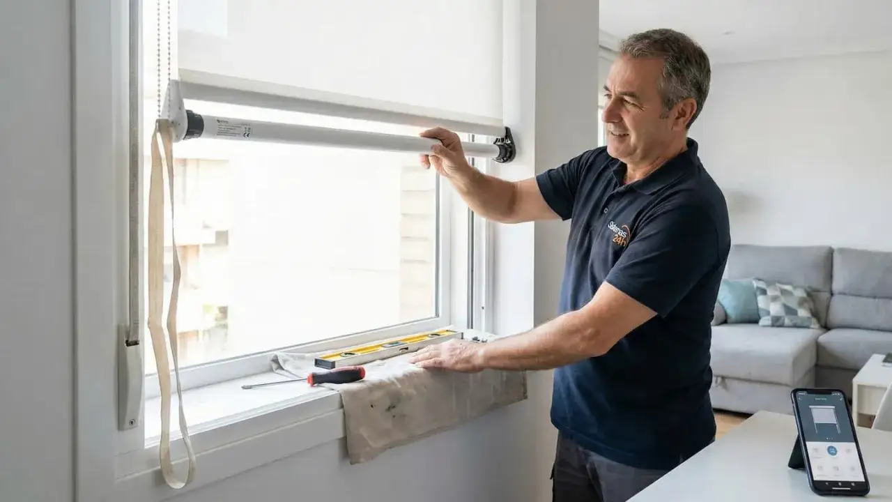 Instalador ajusta persiana motorizada. Aprende como domotizar persianas para mayor comodidad y seguridad en tu hogar.