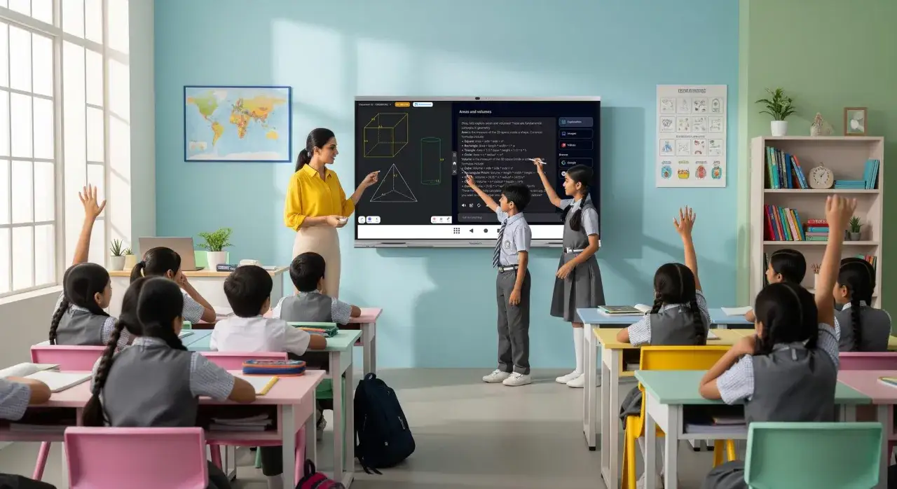 Lehrerin erkl&auml;rt Geometrie an einem interaktiven Classroomscreen. Sch&uuml;ler melden sich.