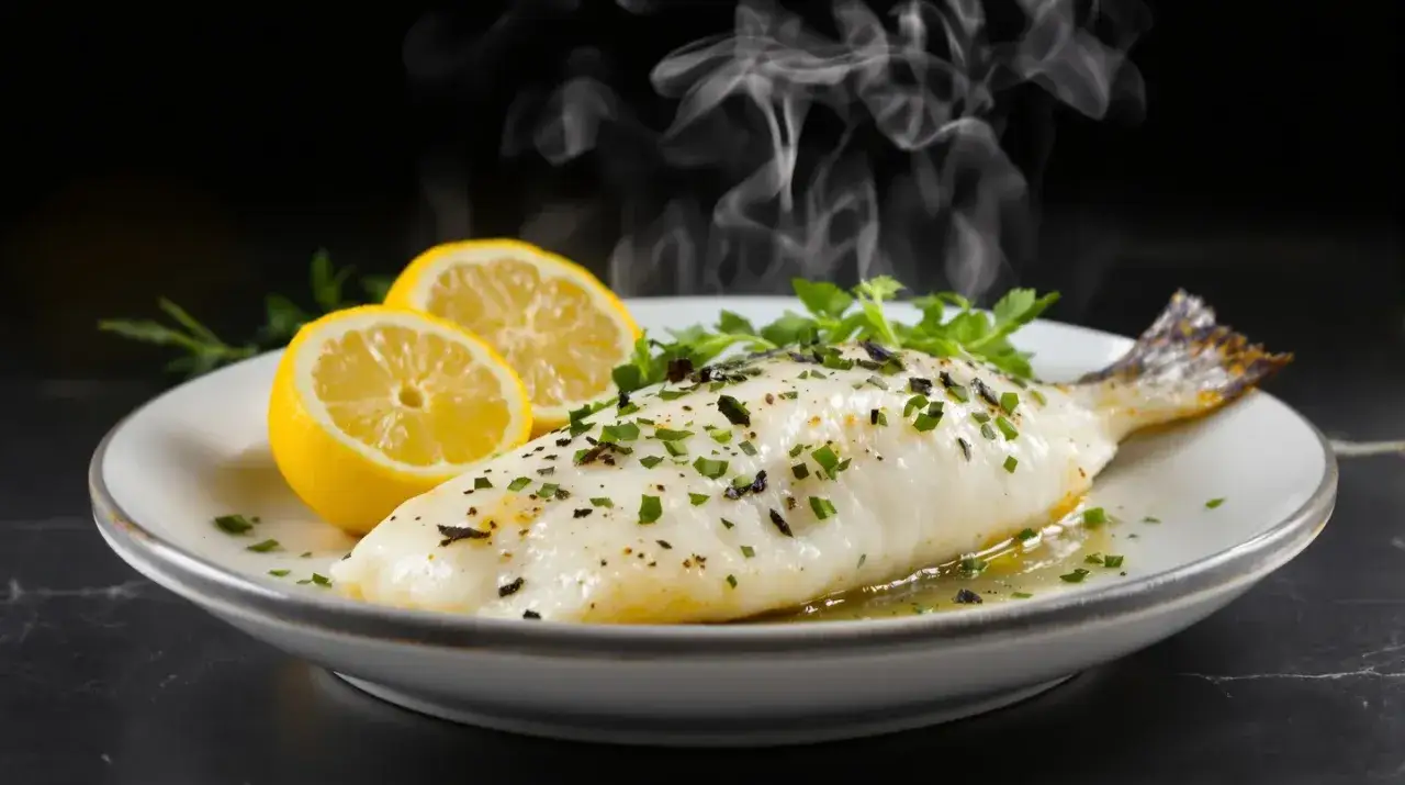 Poisson cuit à la vapeur, servi avec des citrons et des herbes. Une méthode de cuisson rapide et saine, idéale pour la cuisson poisson micro onde.