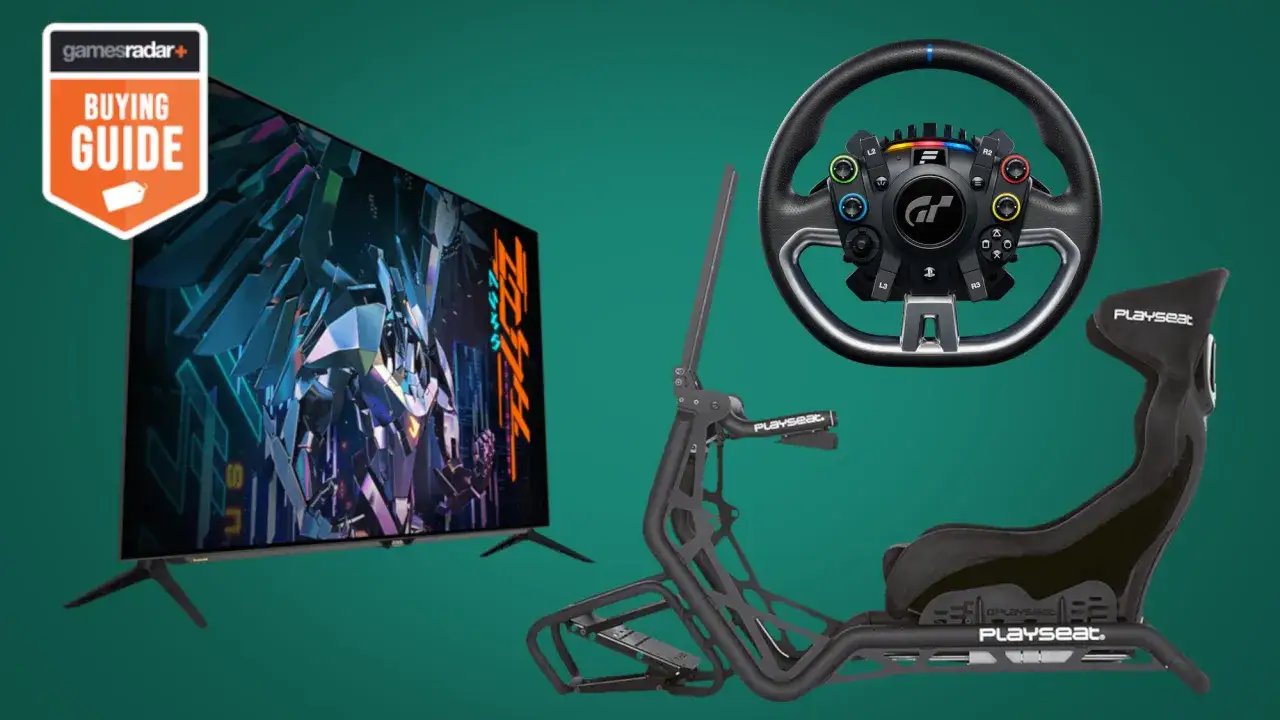 Setup Gran Turismo 7 : écran TV, volant de course et siège baquet Playseat pour une immersion totale.