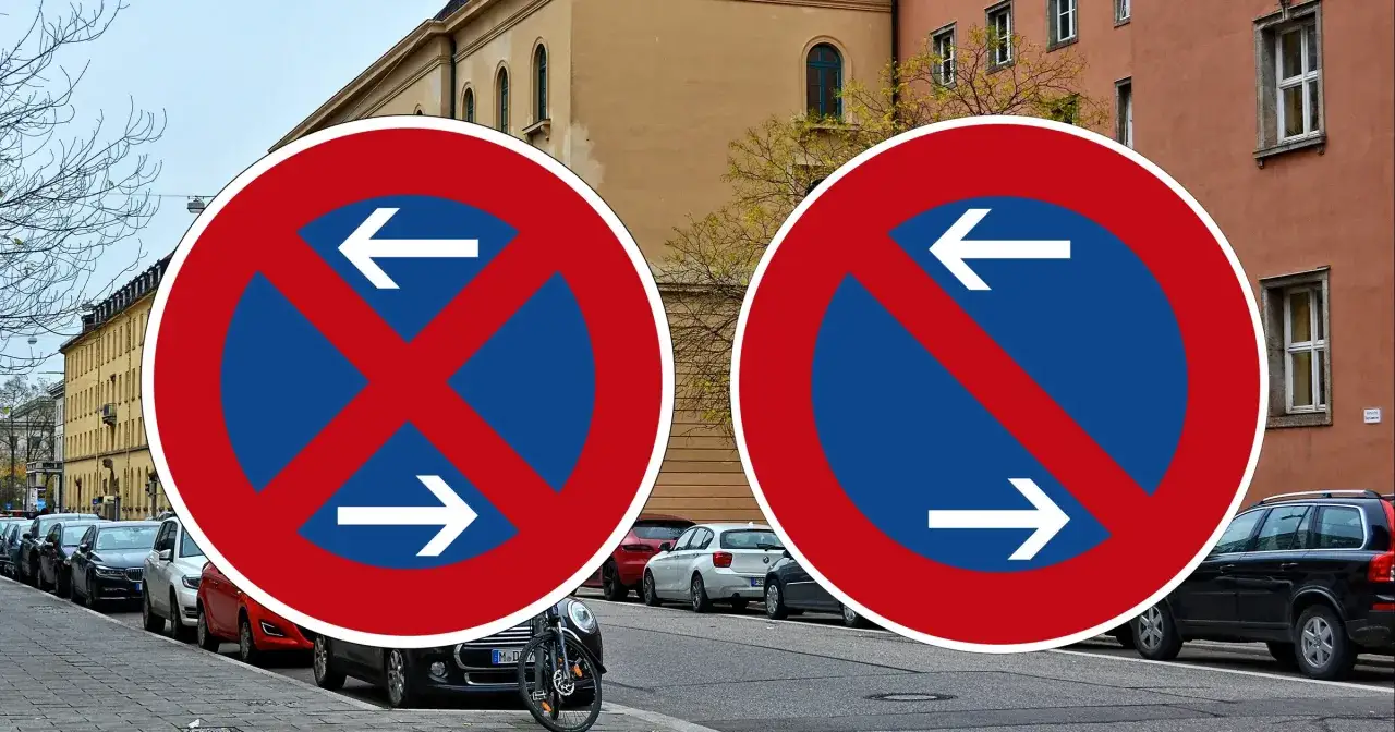 Dwa znaki zakazu zatrzymywania się i postoju. Lewy zakazuje zatrzymywania się i postoju po obu stronach, prawy tylko po lewej. Uważaj na parkowanie na zakazie!