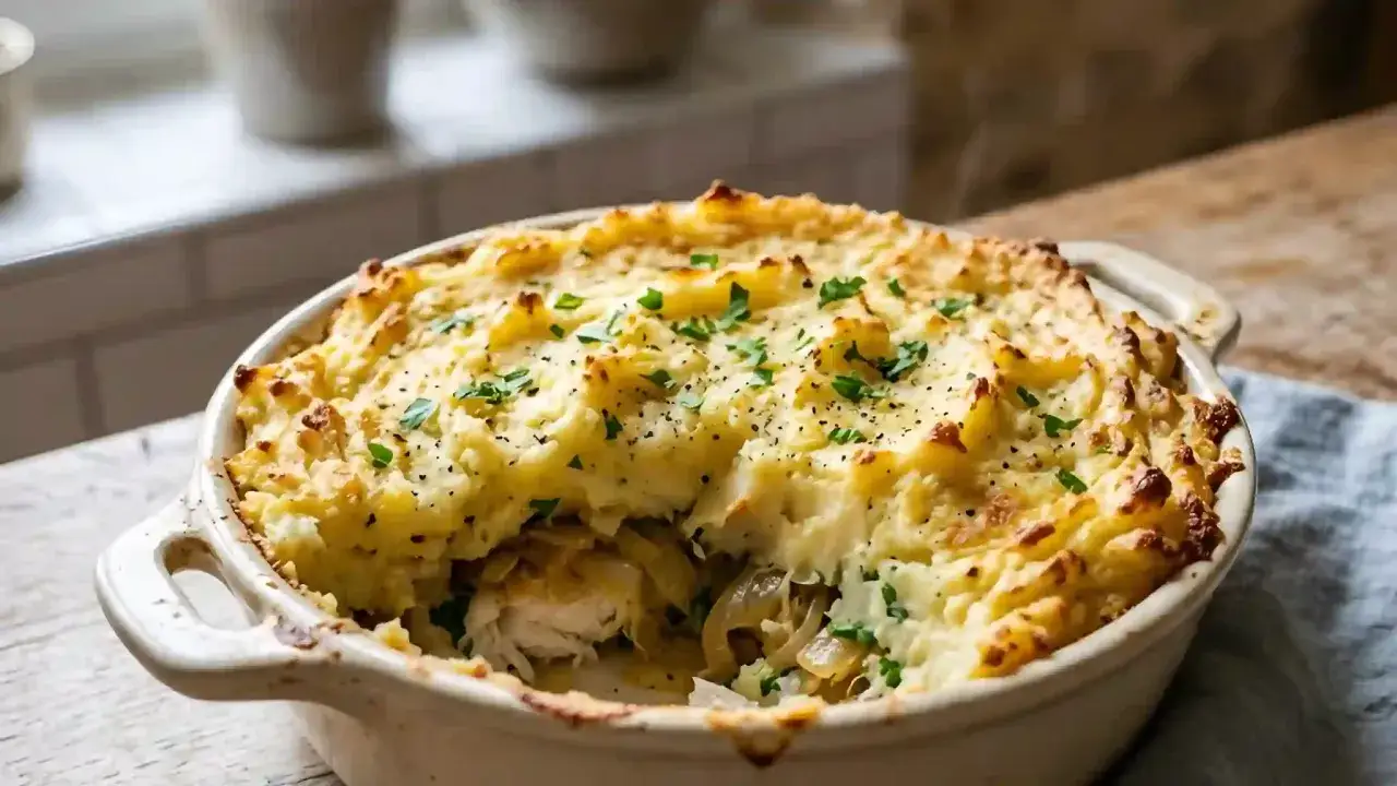 Un parmentier de poisson gourmand, gratin&eacute; et parsem&eacute; de persil frais, pr&ecirc;t &agrave; &ecirc;tre d&eacute;gust&eacute;.