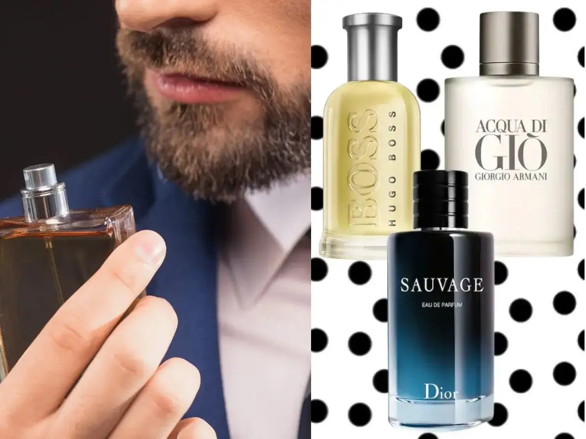 Mężczyzna wącha perfumy. Obok butelki z wodą toaletową i flakony popularnych rodzajów perfum męskich: Hugo Boss, Acqua di Gio, Dior Sauvage.