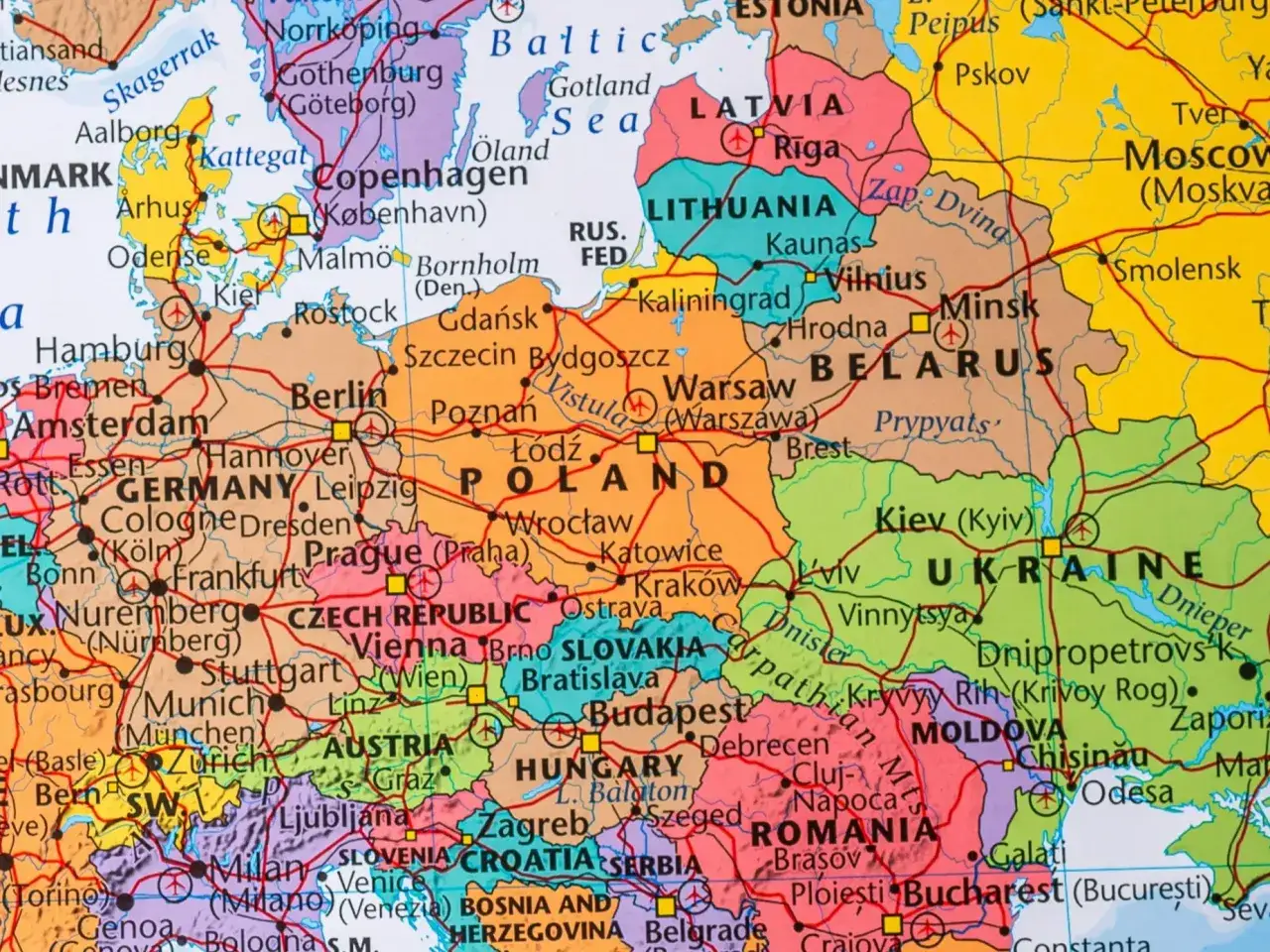 Mapa Europy. Zaznaczona Polska, z którą Niemcy mają najdłuższą granicę. Widać też Czechy, Słowację, Ukrainę i Białoruś.