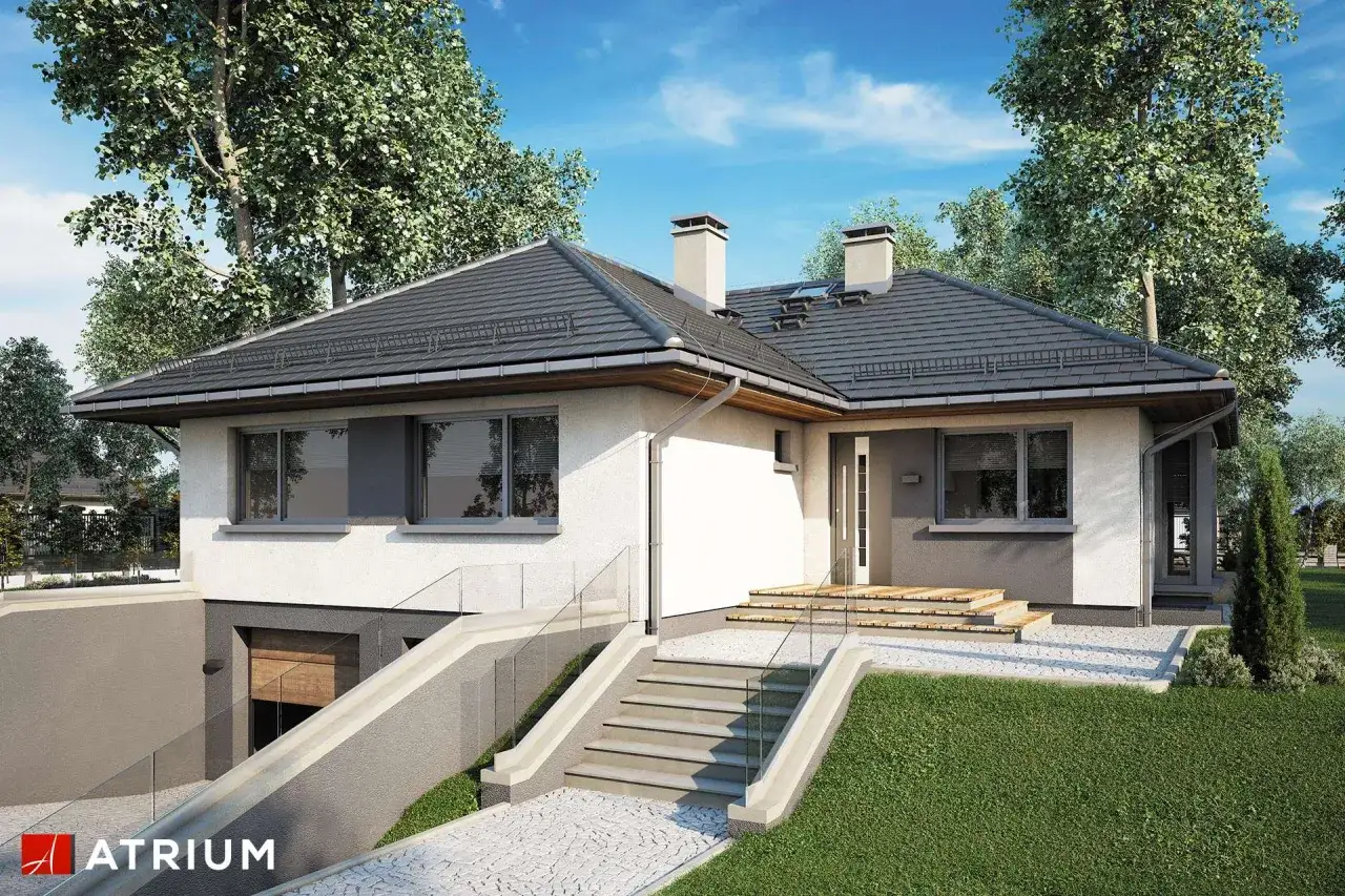 Nowoczesne projekty domów parterowych z piwnicą, z wejściem do garażu i schodami prowadzącymi do drzwi wejściowych.