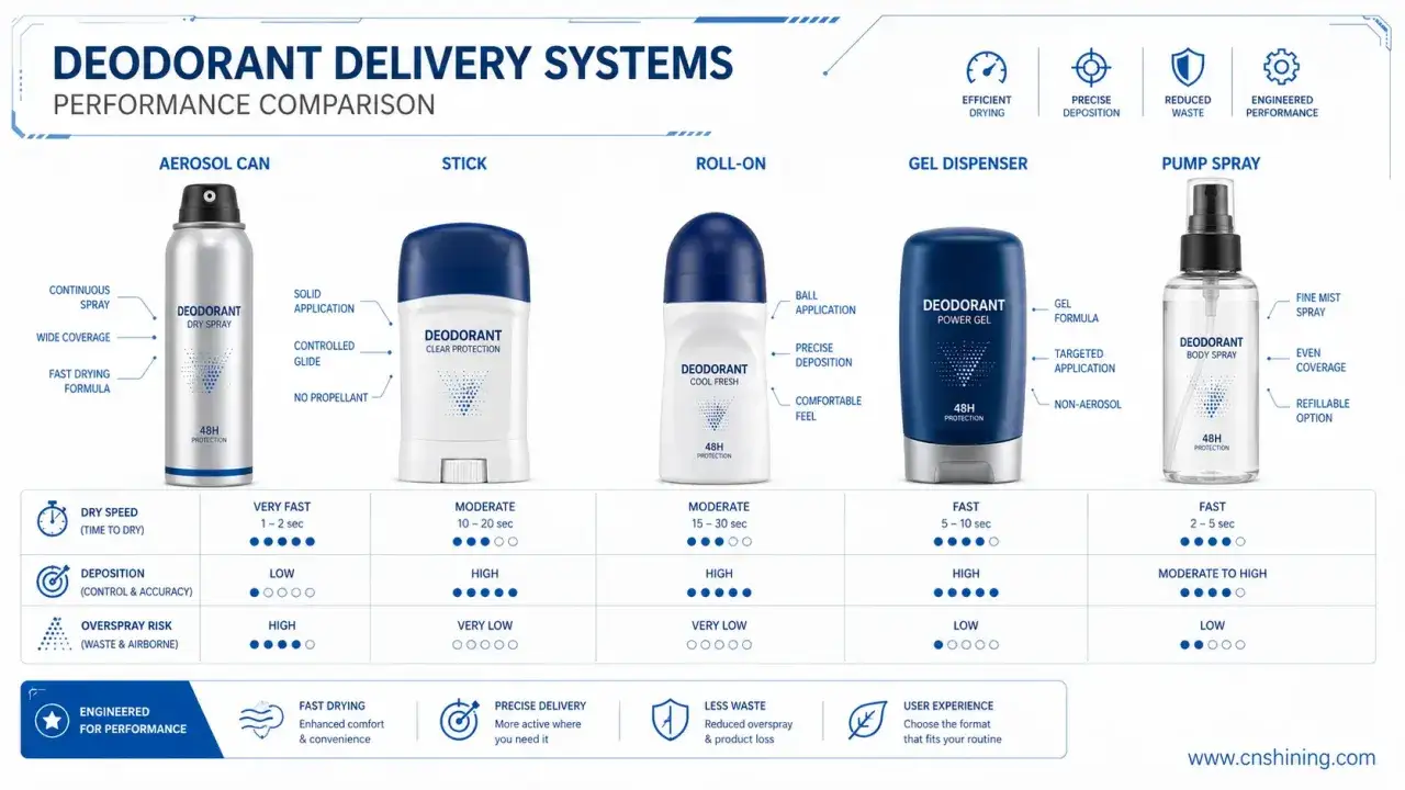Porównanie systemów aplikacji dezodorantów i antyperspirantów: aerozol, sztyft, kulka, żel, spray. Różnice w szybkości schnięcia, osadzaniu i ryzyku rozpylenia.