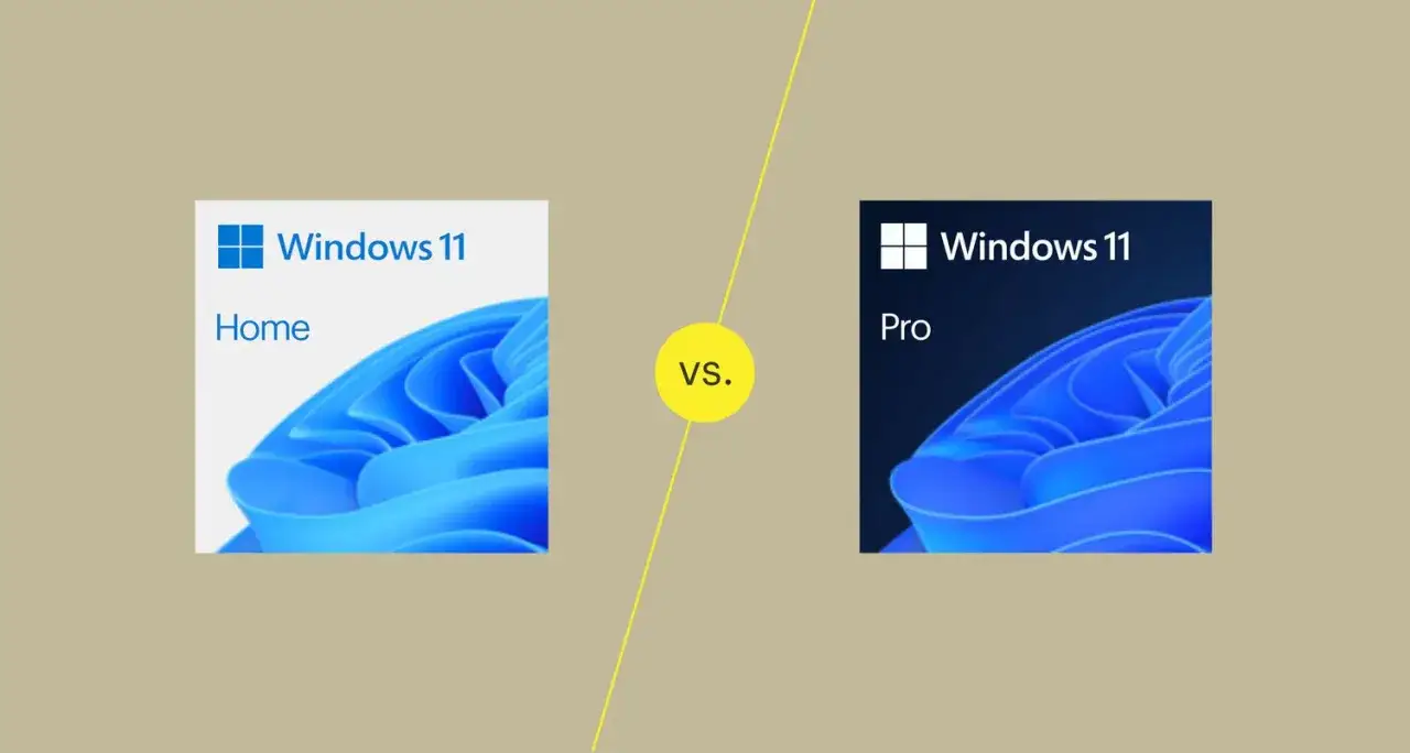 Porównanie Windows 11 Home vs Pro. Dwa kwadratowe panele z logo Windows 11, jeden z napisem Home, drugi z Pro, rozdzielone żółtym napisem VS.
