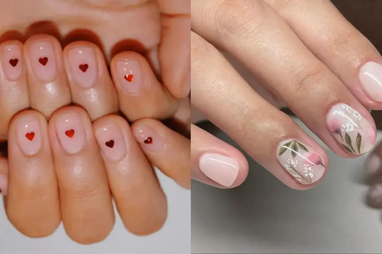 Idée ongle court : des cœurs rouges discrets sur fond nude, et des fleurs délicates sur un rose pâle.