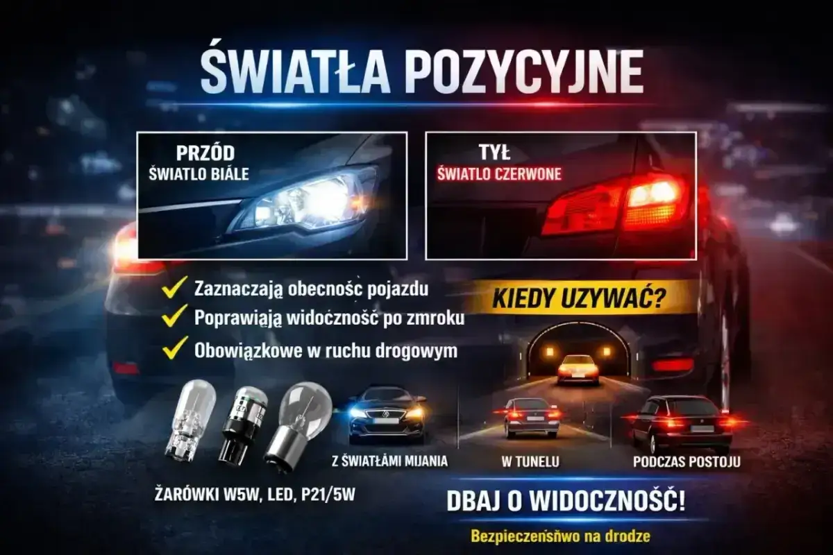Światła pozycyjne: białe z przodu, czerwone z tyłu. Niezbędne po zmroku i w tunelu. Dostępne żarówki W5W, LED, P21/5W.