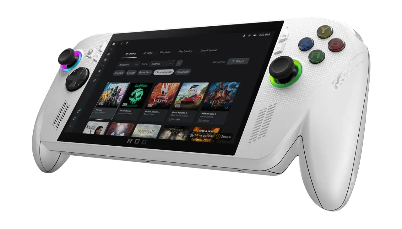 Biały handheld gamingowy ROG Ally X z kolorowymi przyciskami i joystickami, wyświetlający menu gier Xbox.