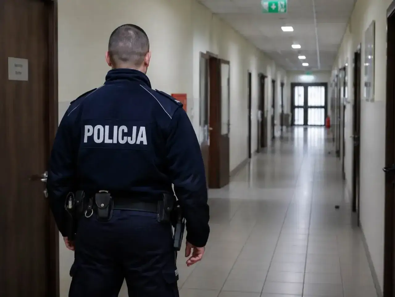 Policjant w mundurze stoi na korytarzu. Kto stawia zarzuty policja czy prokurator? To pytanie wisi w powietrzu.