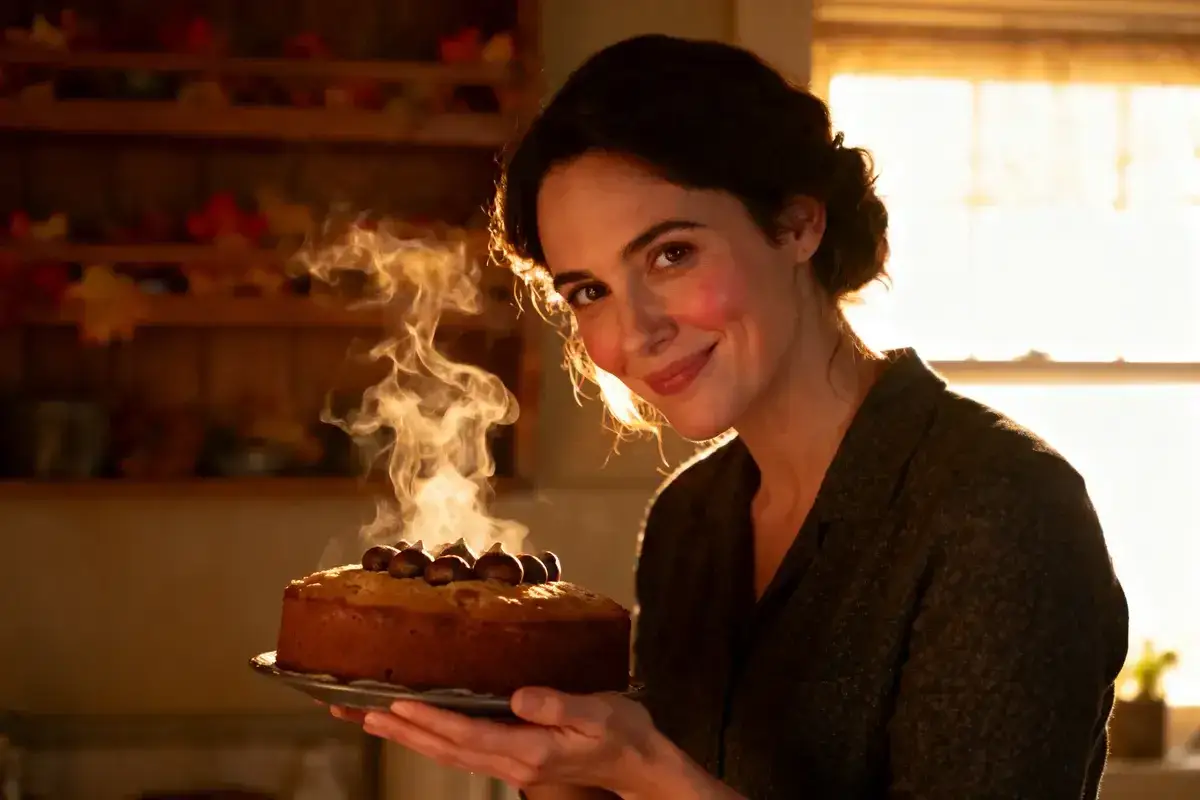 Une femme souriante pr&eacute;sente un g&acirc;teau moelleux chataigne fumant, d&eacute;cor&eacute; de marrons.