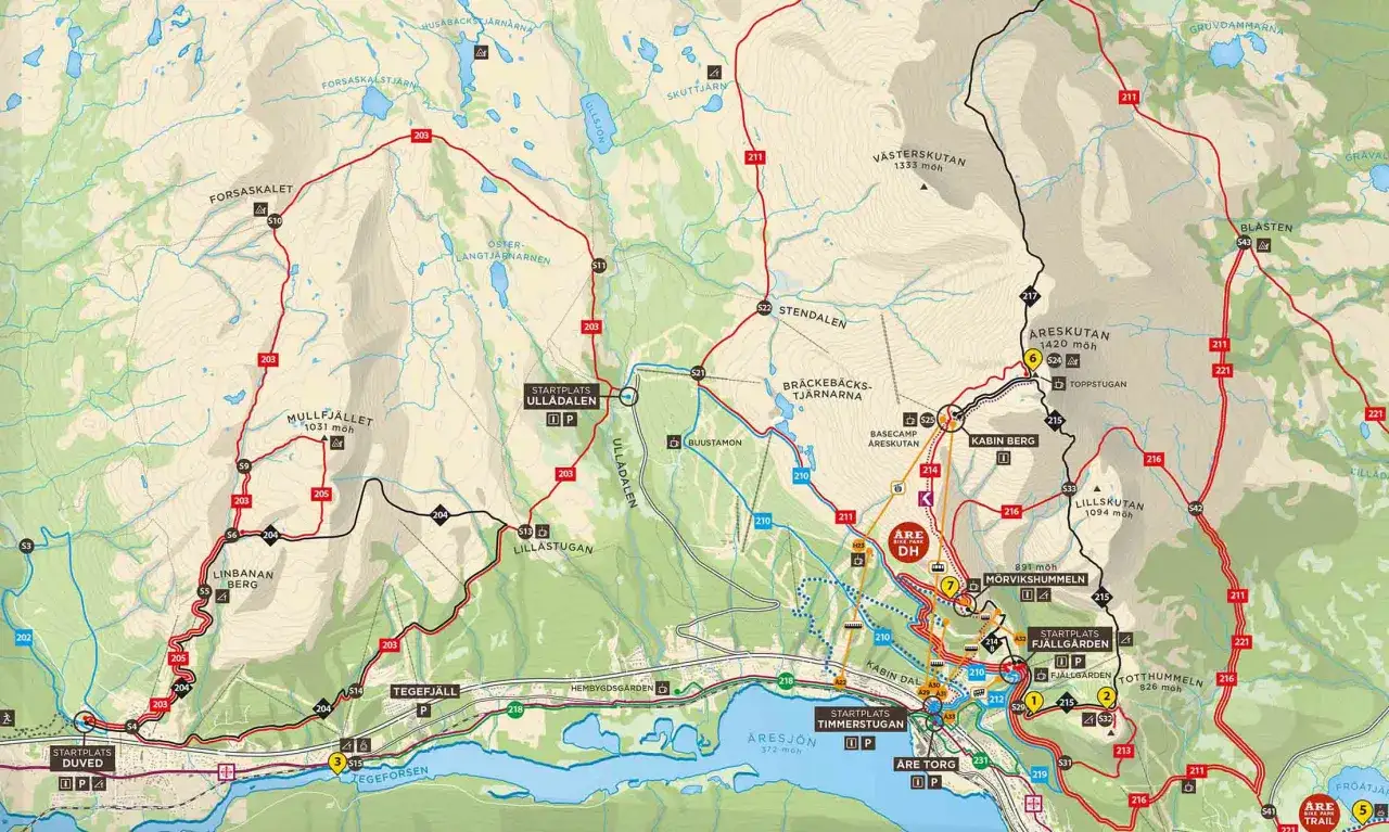 Karta över Åre med leder, berg och sjöar. Här finns vandrarhem och cykelleder.
