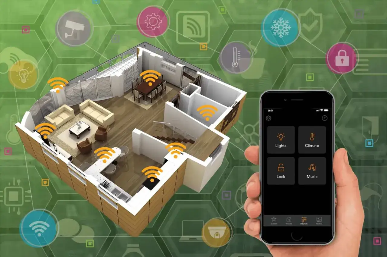 Zdalne sterowanie domem przez aplikację Tuya. Widok przekroju domu z ikonami Wi-Fi i ikonami funkcji smart home. Na pierwszym planie smartfon z interfejsem aplikacji.