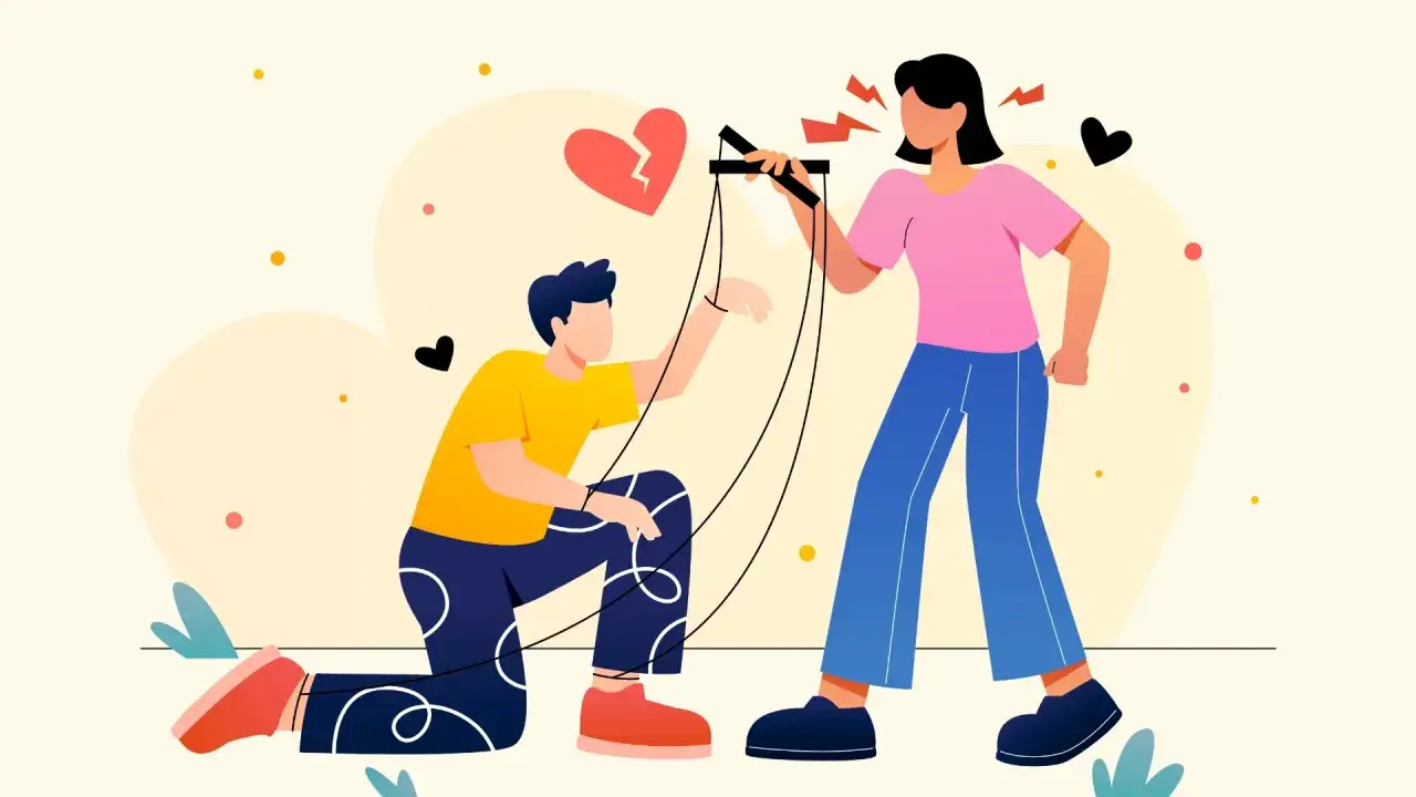 Uomo che alza le mani, marionetta controllata da una donna. Psicologia delle relazioni tossiche.