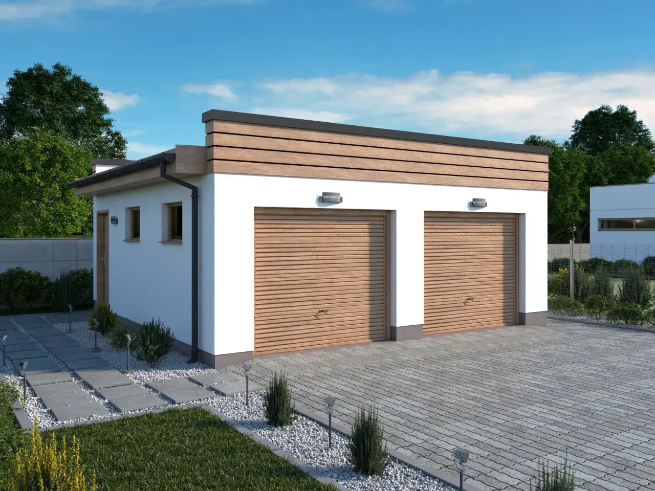 Nowoczesny budynek gospodarczy do 35m2 bez zgłoszenia, z dwoma bramami garażowymi i drewnianą elewacją.