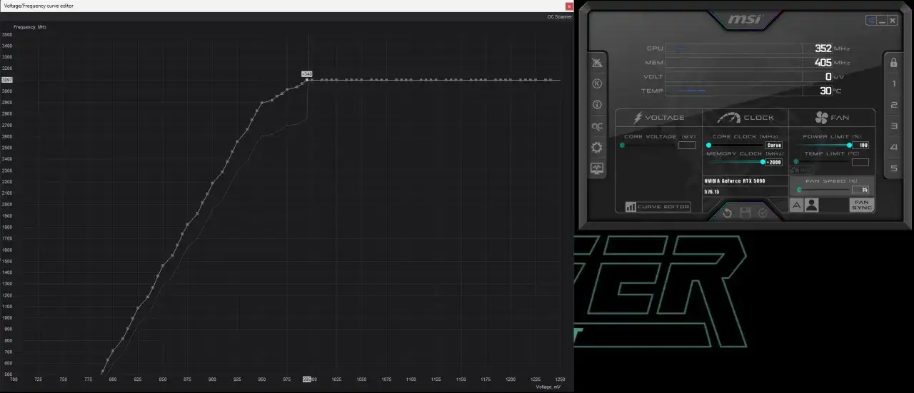 MSI Afterburner zeigt die Spannungs-/Frequenzkurve einer RTX 5090. Das Undervolting wird durch die angepasste Kurve im Voltage/Frequency curve editor sichtbar.