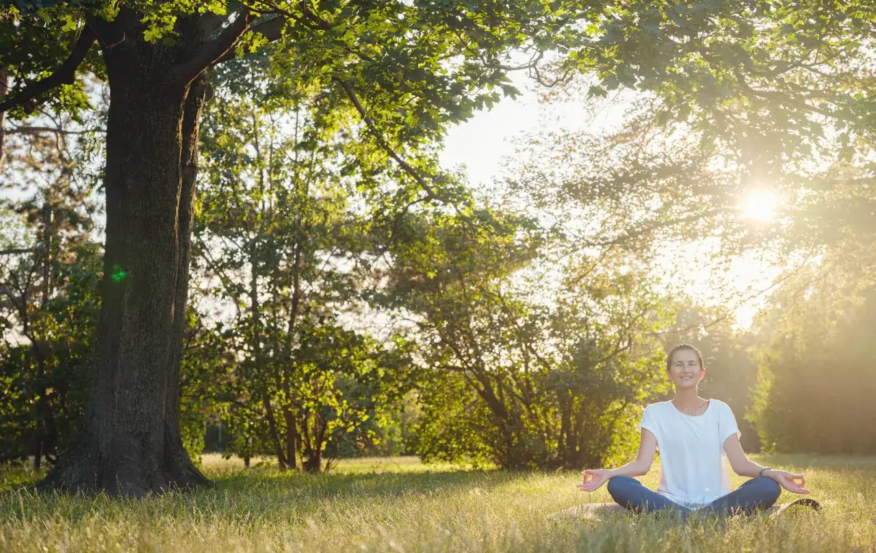 Frau in stiller Meditation im sonnigen Park. Sie sitzt im Lotussitz auf einer Matte unter einem Baum, umgeben von gr&uuml;nem Gras und B&auml;umen.