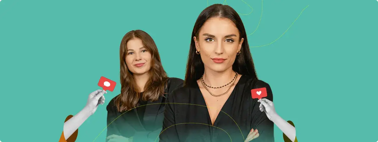 Dwie kobiety w czarnych bluzkach, jedna z nich z naszyjnikami. Dłonie trzymają czerwone ikony z sercem i dymkiem. Dlaczego córka dyplomaty udaje w mediach dziewczynę z sąsiedztwa?