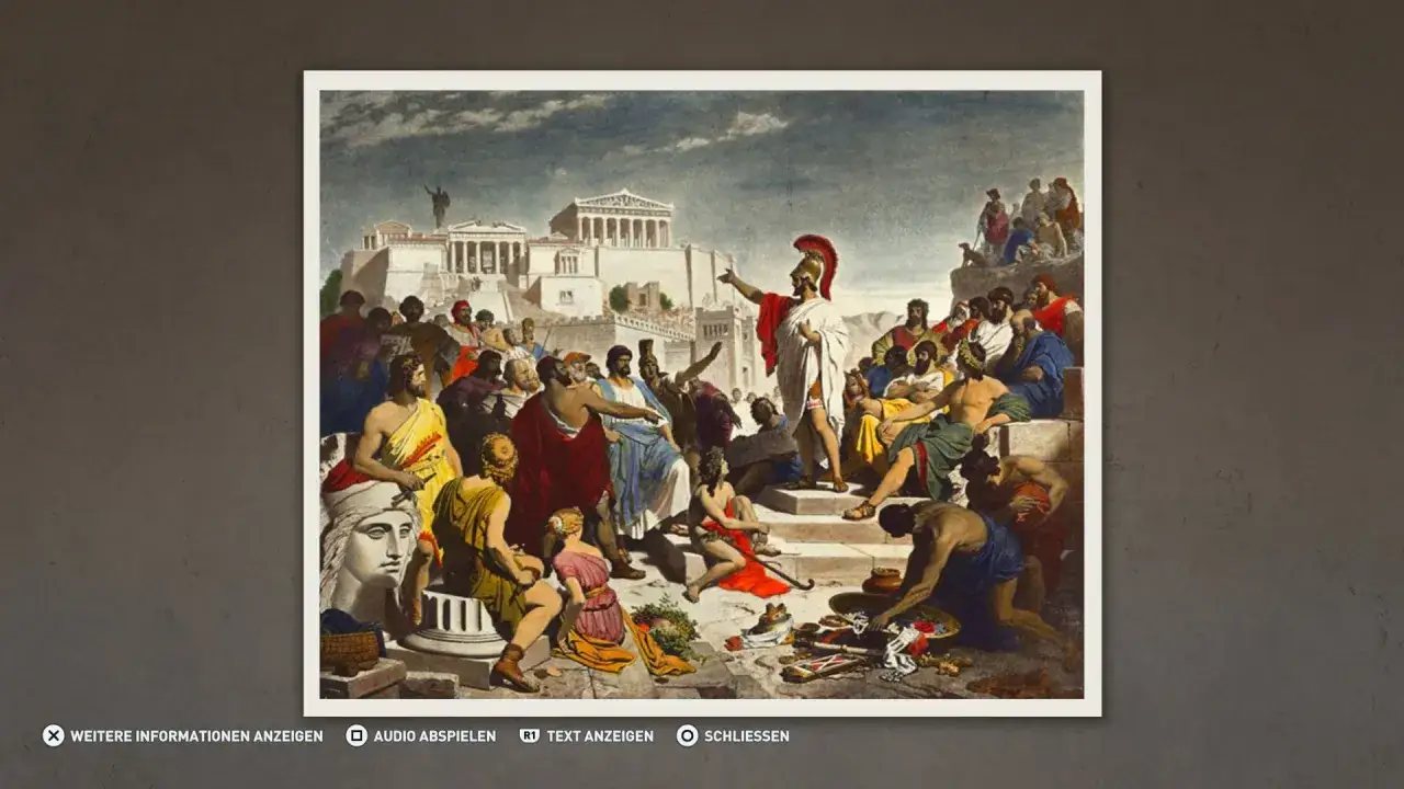 Eine Versammlung in Athen, die die Anf&auml;nge der Demokratie zeigt. Ein Redner spricht zu einer Menge vor der Akropolis.