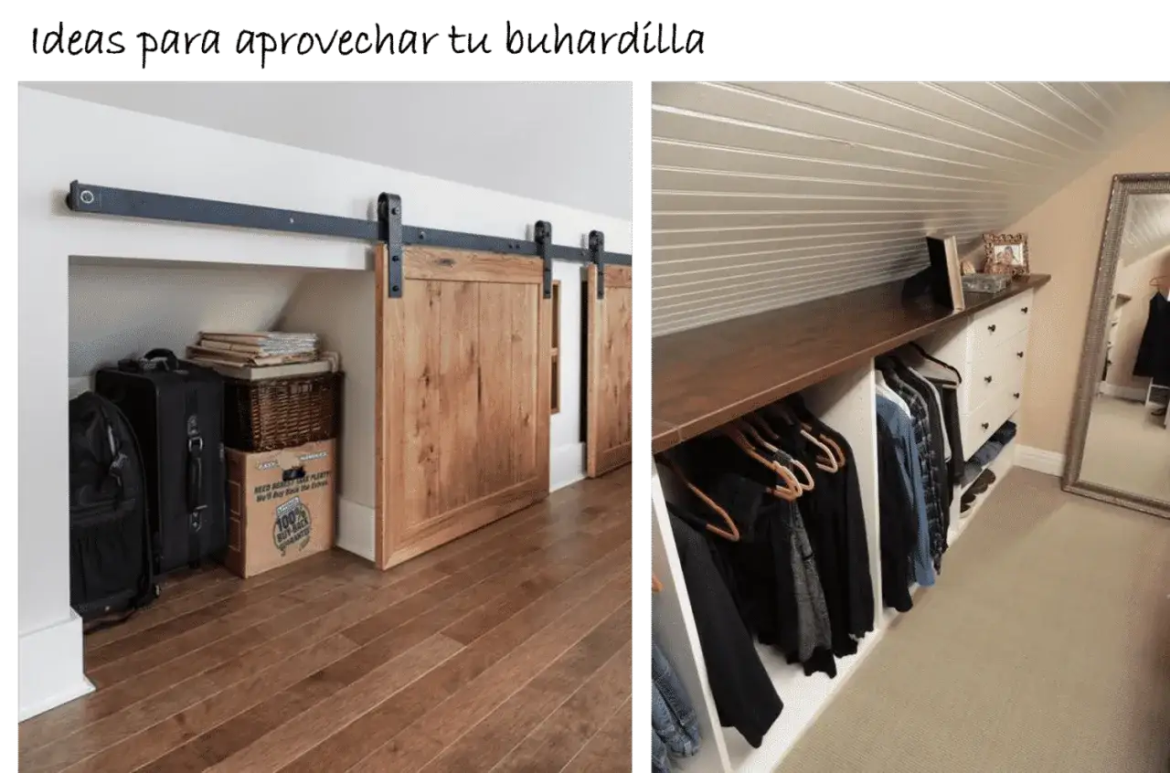 Soluciones para techos bajos: aprovechar buhardilla muy baja con puertas correderas rústicas y un práctico armario empotrado.