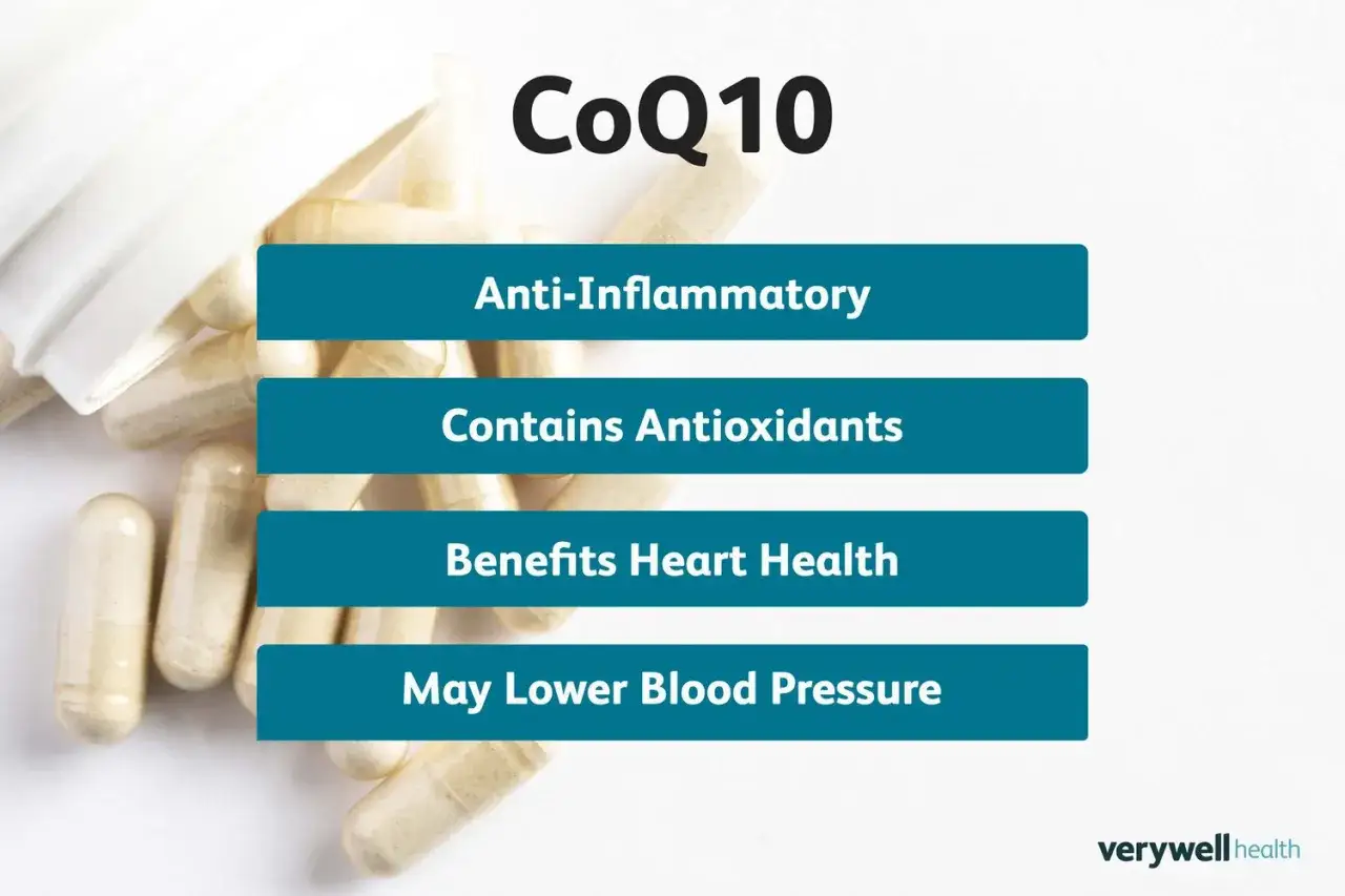 Coenzym Q10 Kapseln: entzündungshemmend, antioxidativ, gut für Herzgesundheit, kann Blutdruck senken.