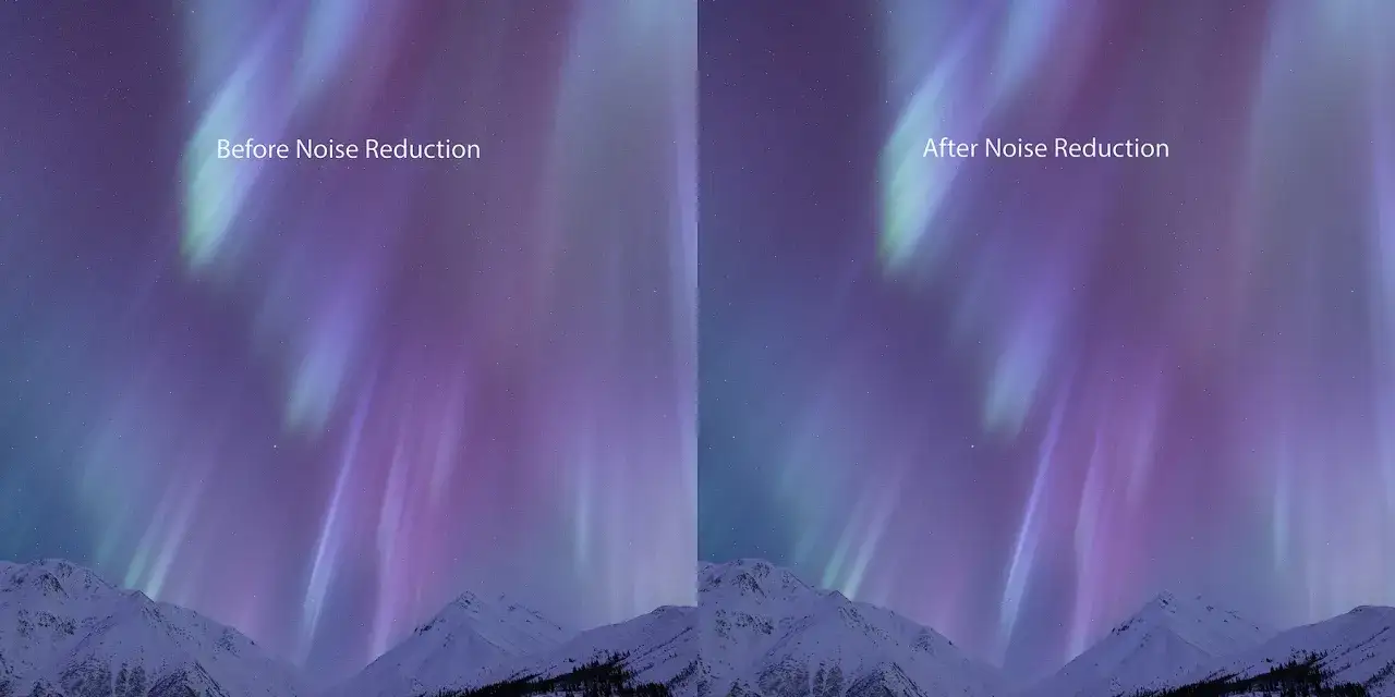 Aurora boreale su montagne innevate. La **iso fotografia** mostra il prima e il dopo della riduzione del rumore, con un'immagine più pulita a destra.