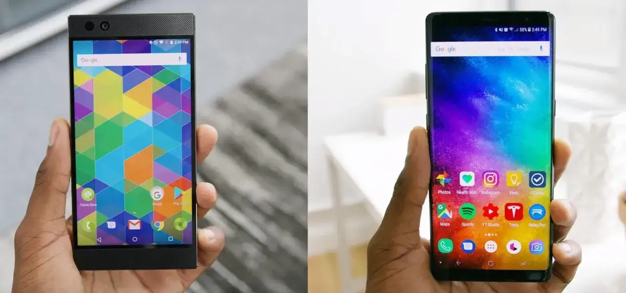 Dwa smartfony z różnymi interfejsami. Lewy z kolorową tapetą, prawy z gradientem. Widać, czym się różni iPhone od Androida po ikonach i układzie.