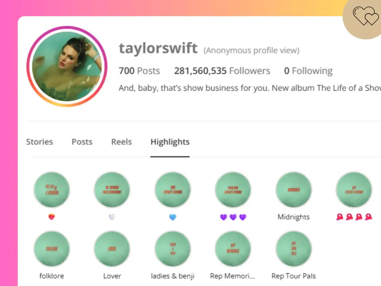 Widok profilu Taylor Swift z wyróżnionymi relacjami: