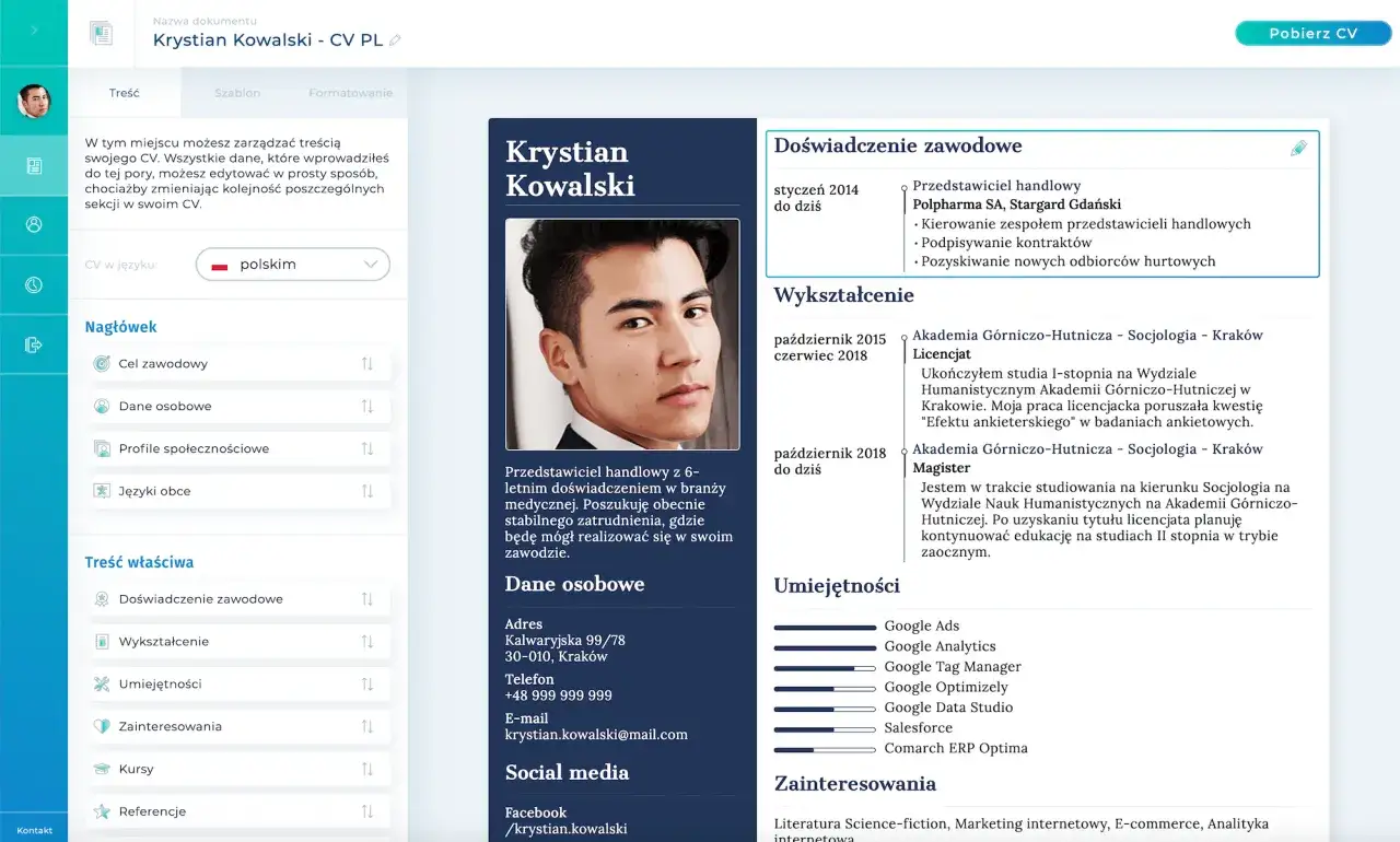 Krystian Kowalski tworzy swoje CV po polsku, dodając doświadczenie zawodowe i wykształcenie.