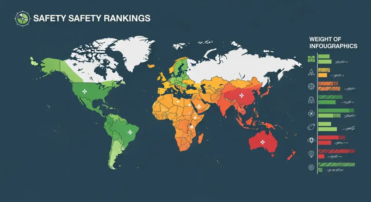 Mapa świata z kolorami wskazującymi poziom bezpieczeństwa. Zielone obszary, jak Ameryka Północna i Południowa, sugerują najbezpieczniejszy kraj na świecie.