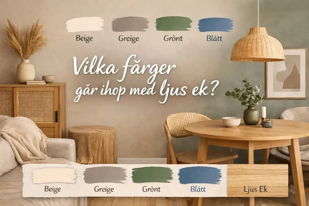 En inredningsbild som visar hur man blandar beige med andra färger som grått, grönt och blått för att matcha ljus ek.
